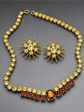 Vintage Jonquil and Amber Rhinestone Necklace and Clip Earrings